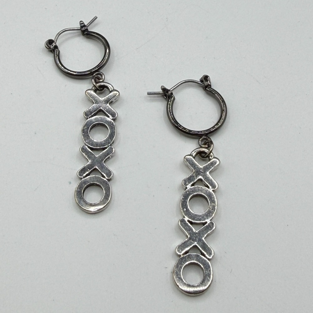 Silver Tone XOXO Drop Hoop Earrings Long Dangle Hugs Kisses Statement Jewelry
